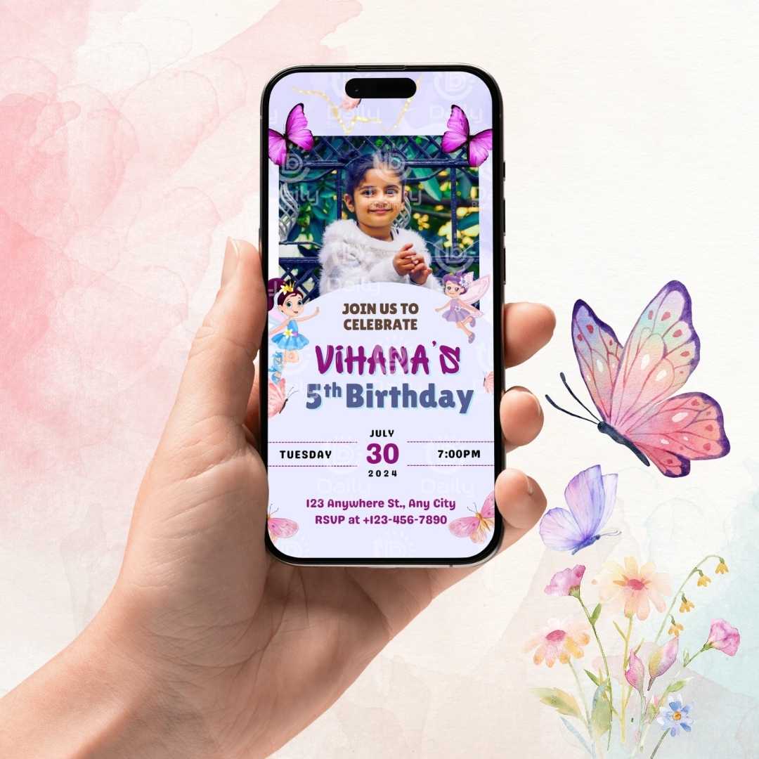 Butterfly-Themed Kids Birthday Invitation Card. Birthday Invitation Card.