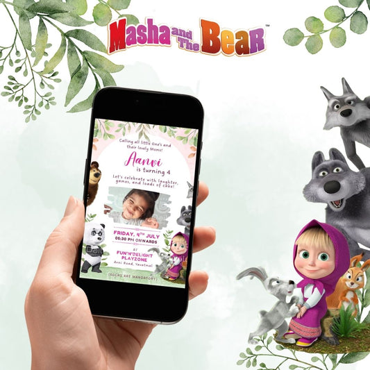 Masha and the Bear theme Birthday Invitation | Custom Digital Card Birthday Invitation