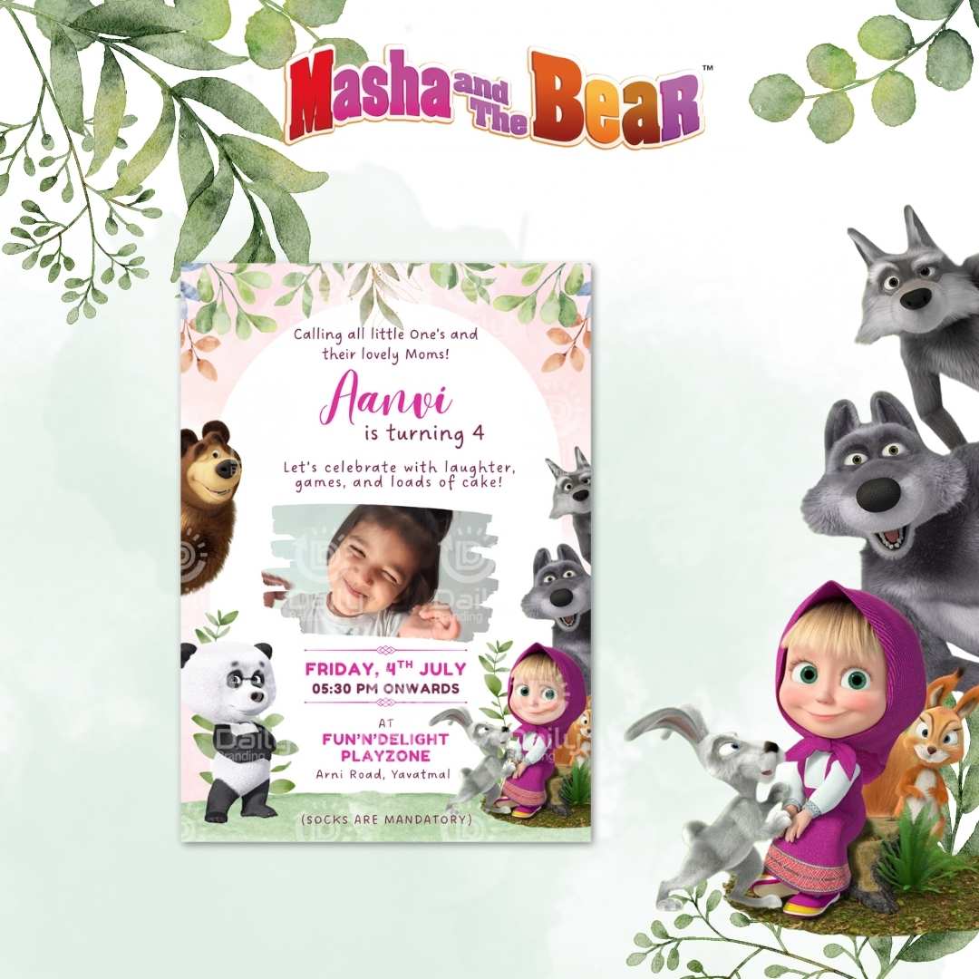 Masha and the Bear theme Birthday Invitation | Custom Digital Card Birthday Invitation