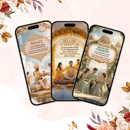 Multi -Event Indian Wedding Invitation Video | Bhaat, Mehendi, Haldi, Mata Ki Chowki Bhajan, Barat, Phera & Reception E-Invite