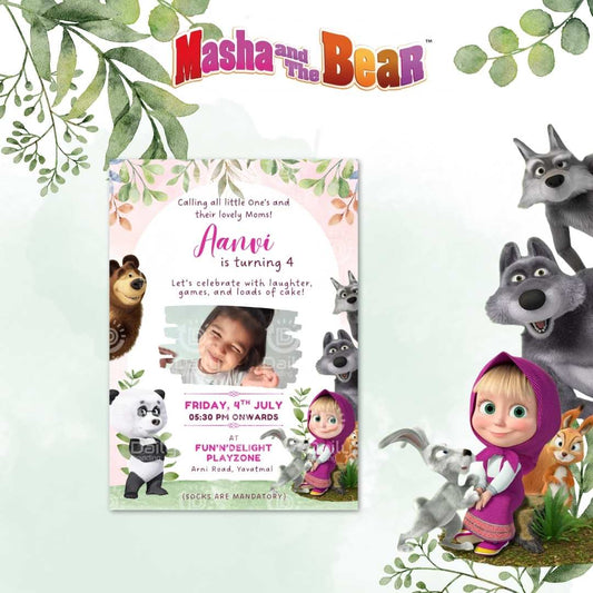 Masha and the Bear theme Birthday Invitation | Custom Digital Card Birthday Invitation
