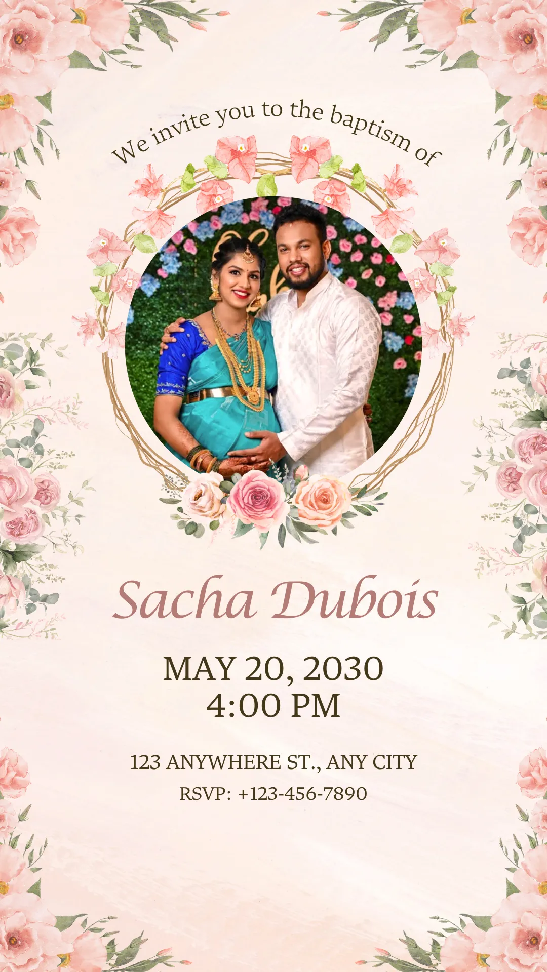  Pink Floral Baby Shower Invitation Card | Watercolor Rose Garland Couple Photo Frame Design DBI- 17