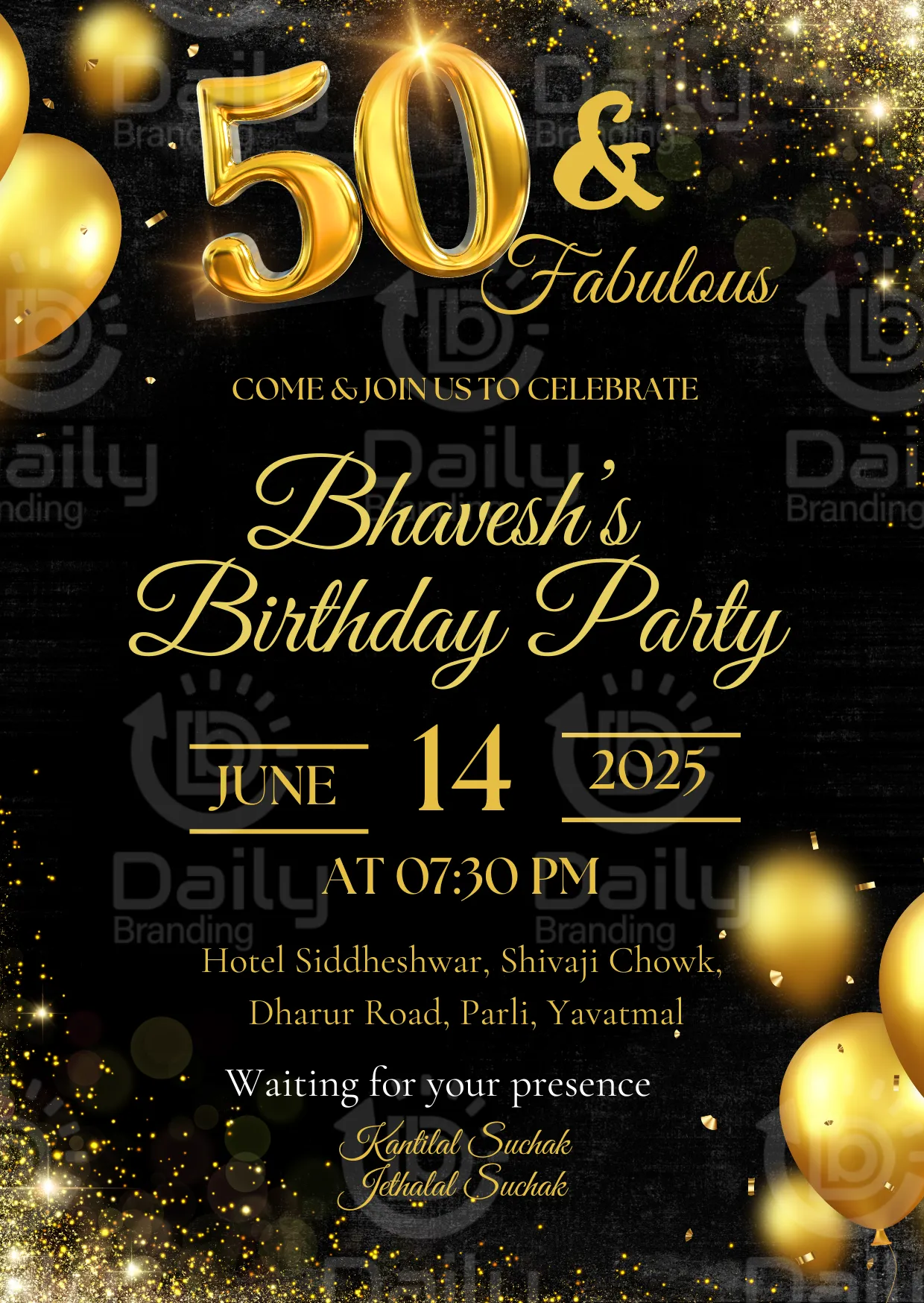 50 & Fabulous Birthday Invitation Card | Golden Black Theme | DBI 03
