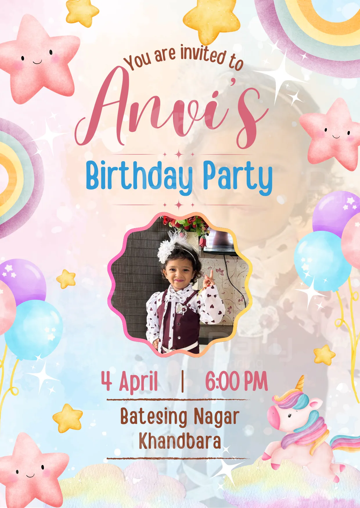 Floral Pink Pastel Birthday Invitation Card | Balloon & Star Theme | DBI 04