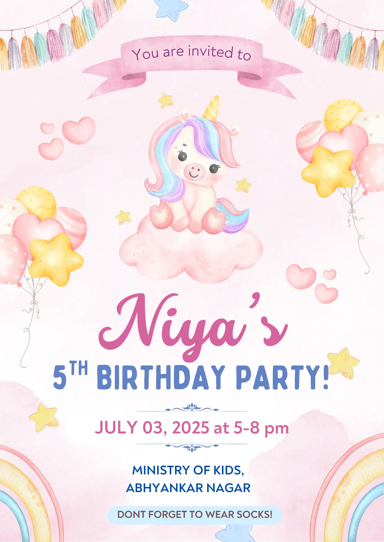 Festive Rainbow Star Balloon 5th Birthday Invitation Card | Colorful Kids Party Design | DBI 06 