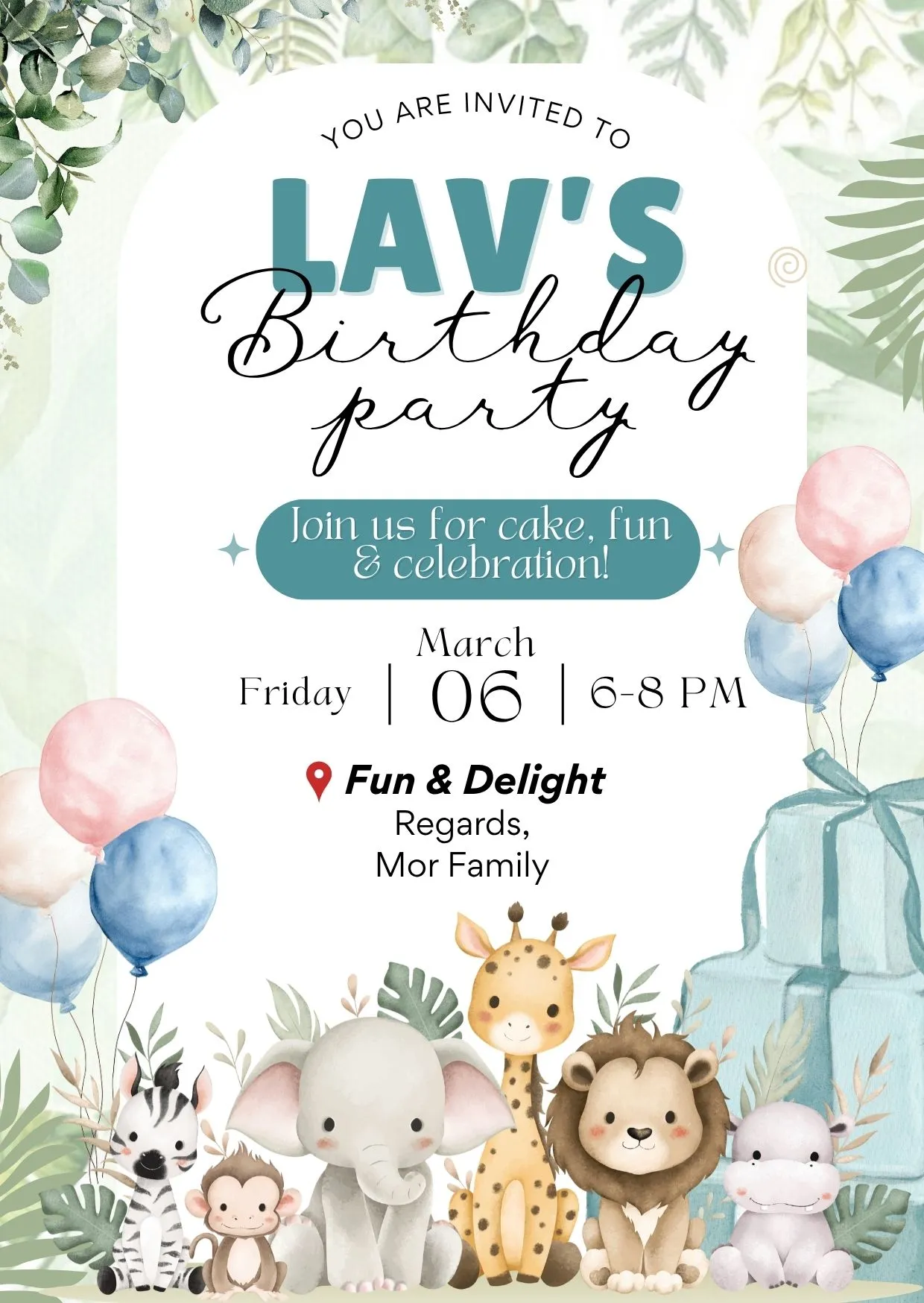 Cute Jungle Animal Birthday Invitation Card | Pastel Kids Party Theme DBI 07