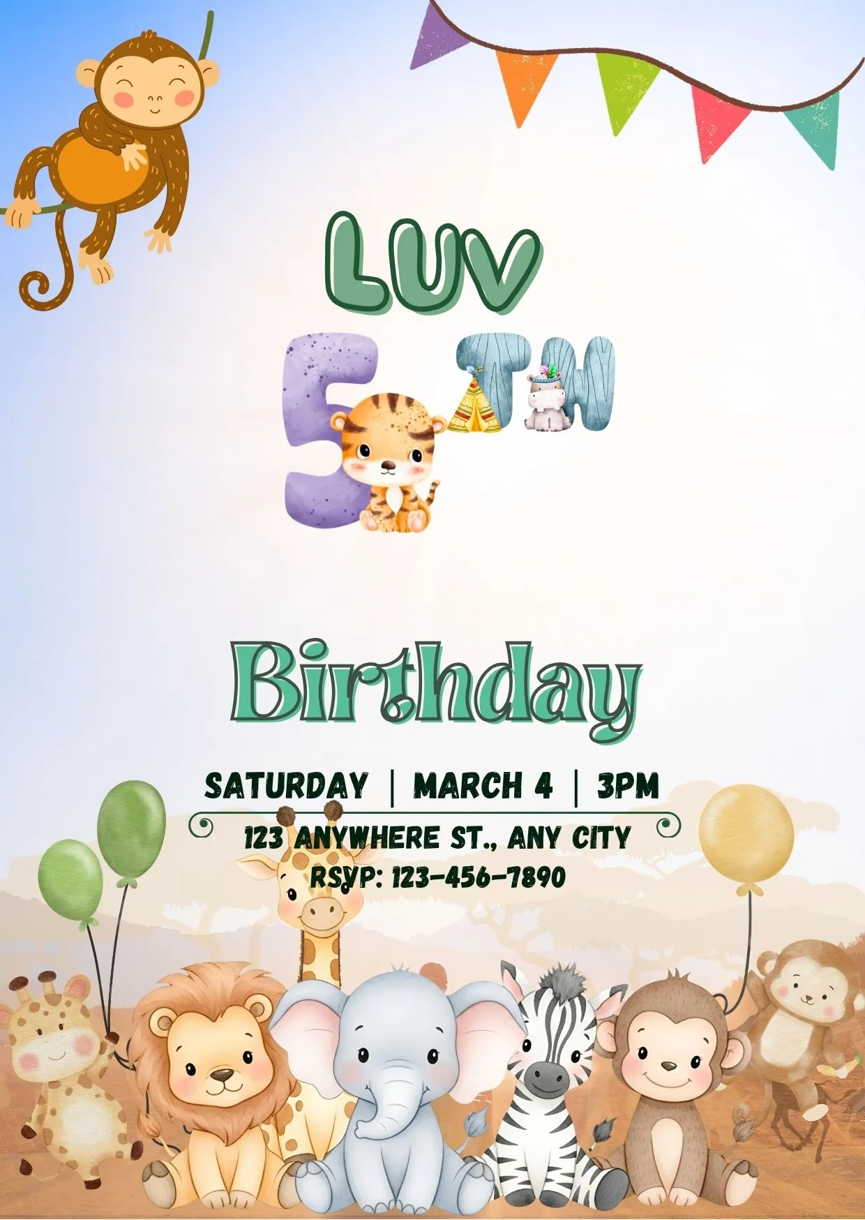 Jungle Theme 5th Birthday Invitation Card | Cute Animal Birthday Invite Design | DBI 09