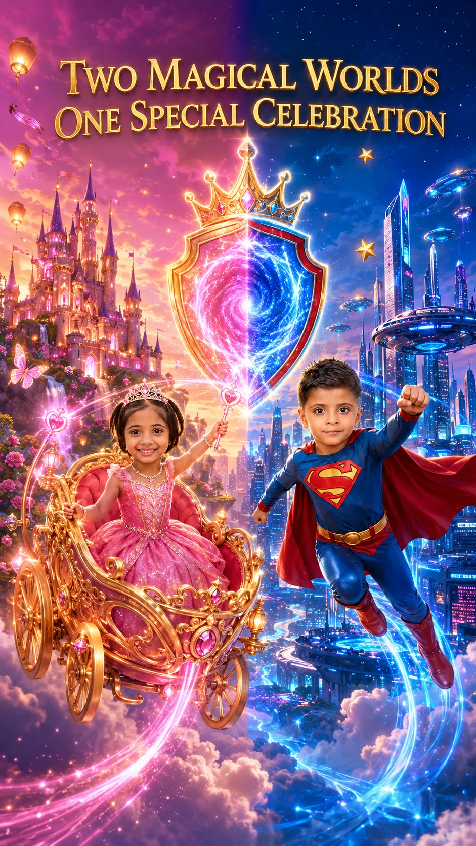 Twins Princess & Superman Birthday Invitation | Custom Faces