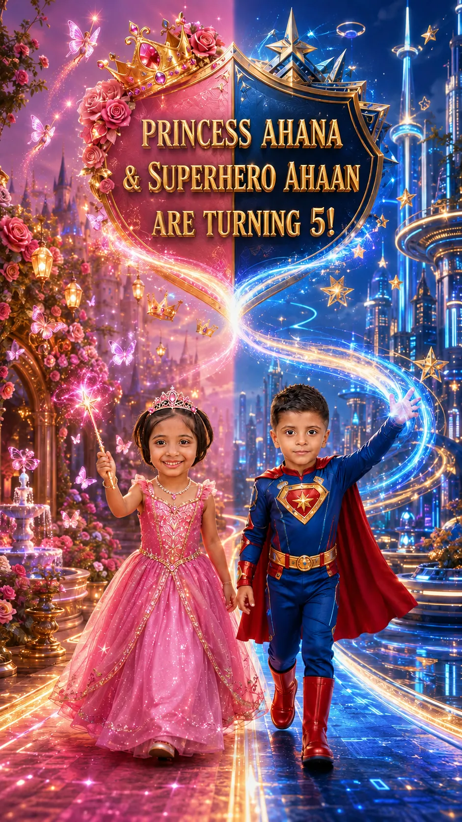 Twins Princess & Superman Birthday Invitation | Custom Faces Alternate