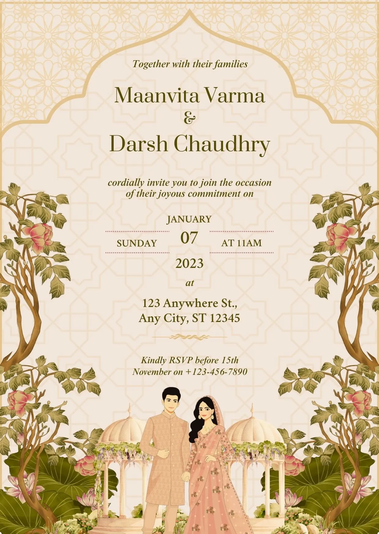 Engagement Ceremony Invitation | Romantic Proposal Palace Garden Mughal Illustrated Couple Theme | DBI-03