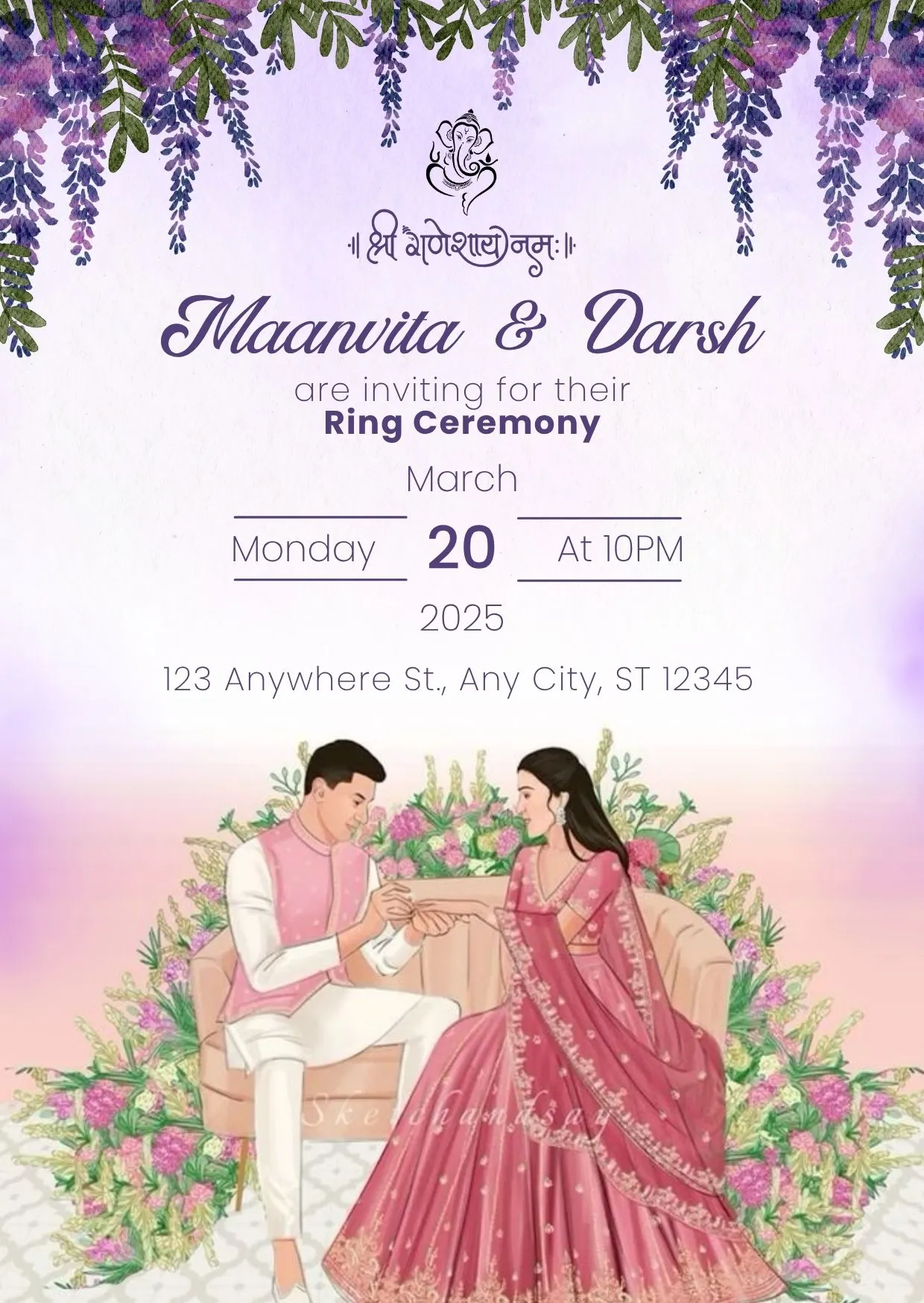 Engagement Ceremony Invitation | Ganesha Mandap Floral Couple Theme | DBI 6