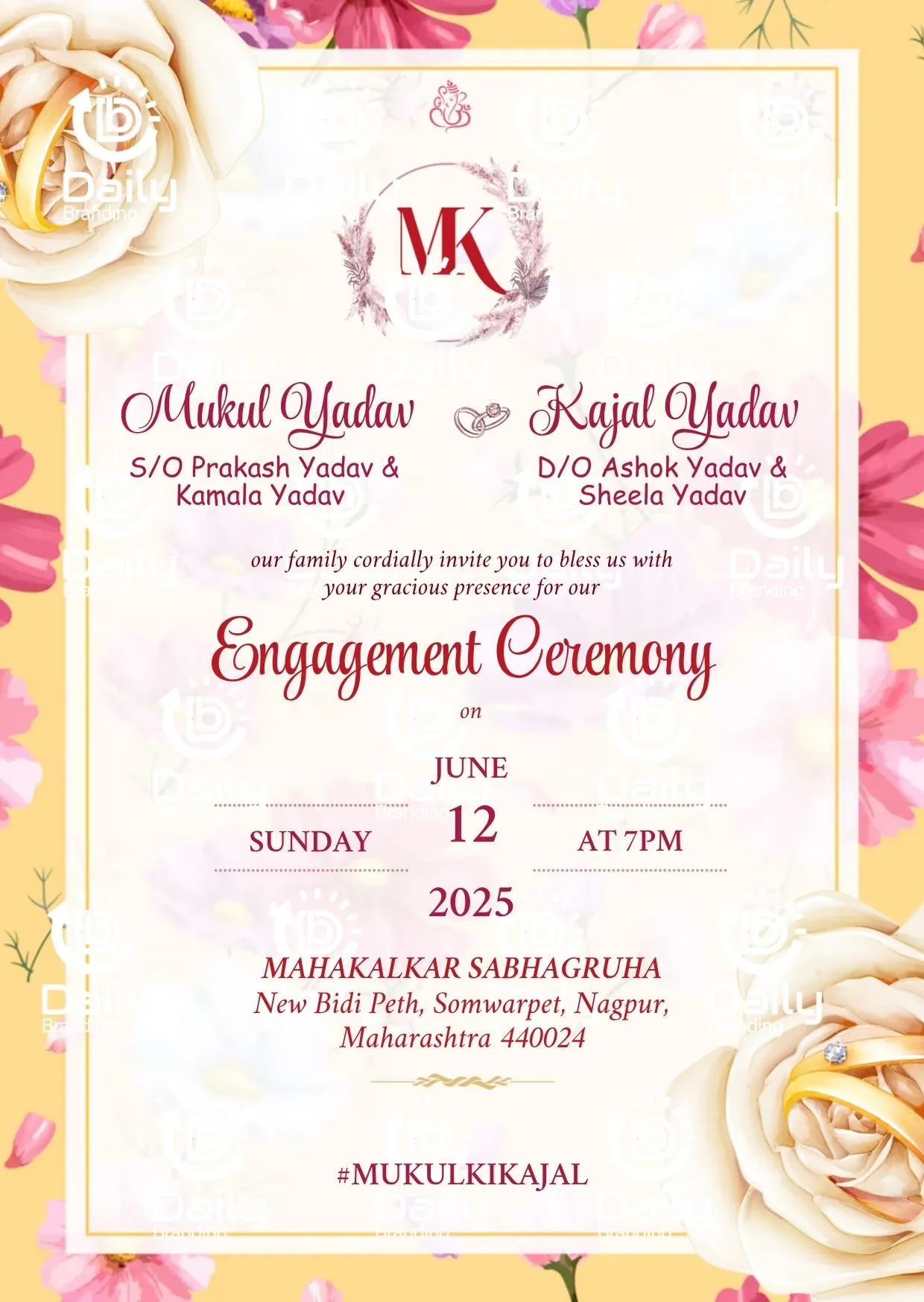 Elegant Floral Engagement Invitation Card | Pastel Ring Ceremony Invite | DBI 07