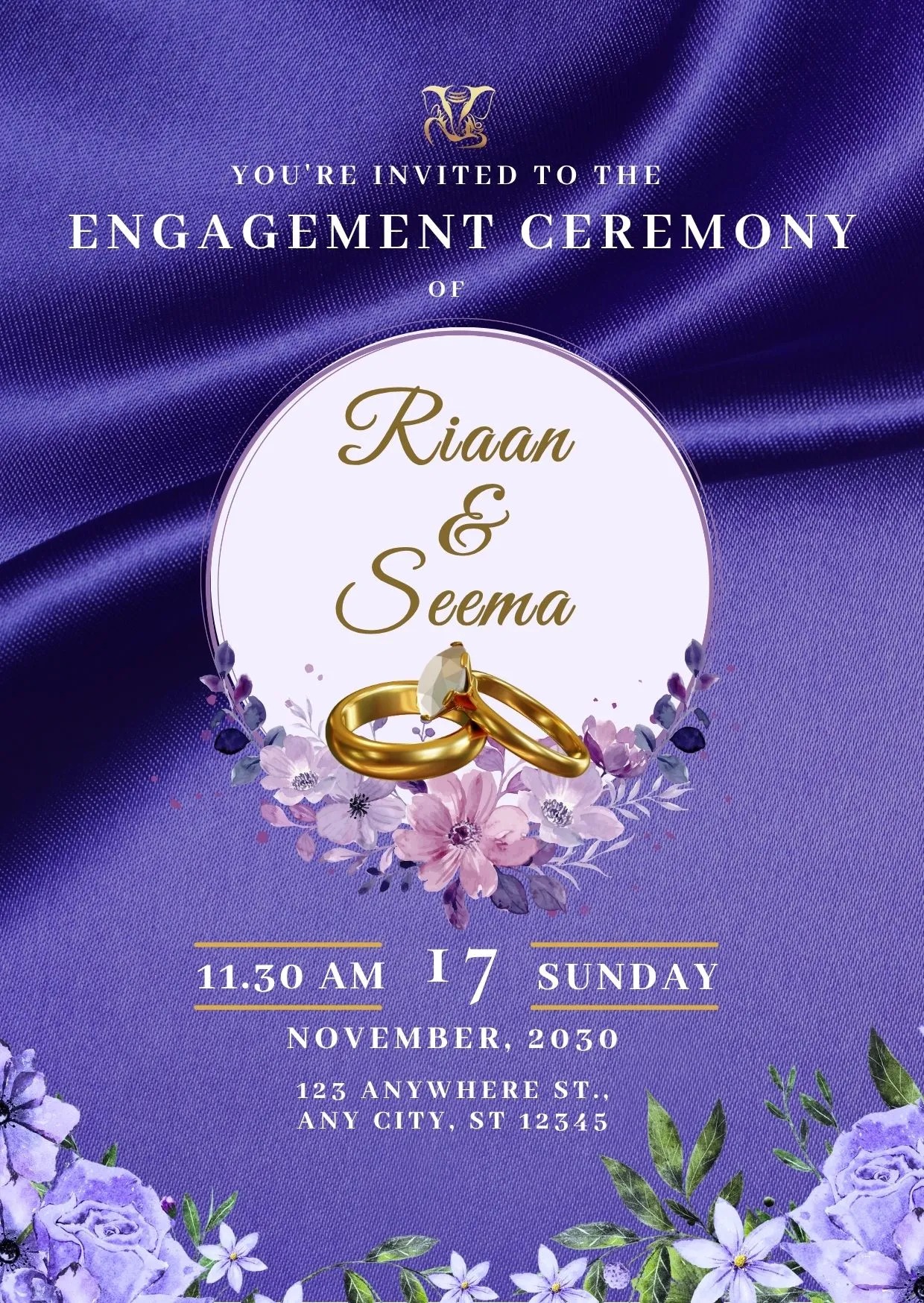Engagement Ceremony Invitation | Royal Purple Silk Gold Rings Floral Watercolor Elegant Theme | DBI-08