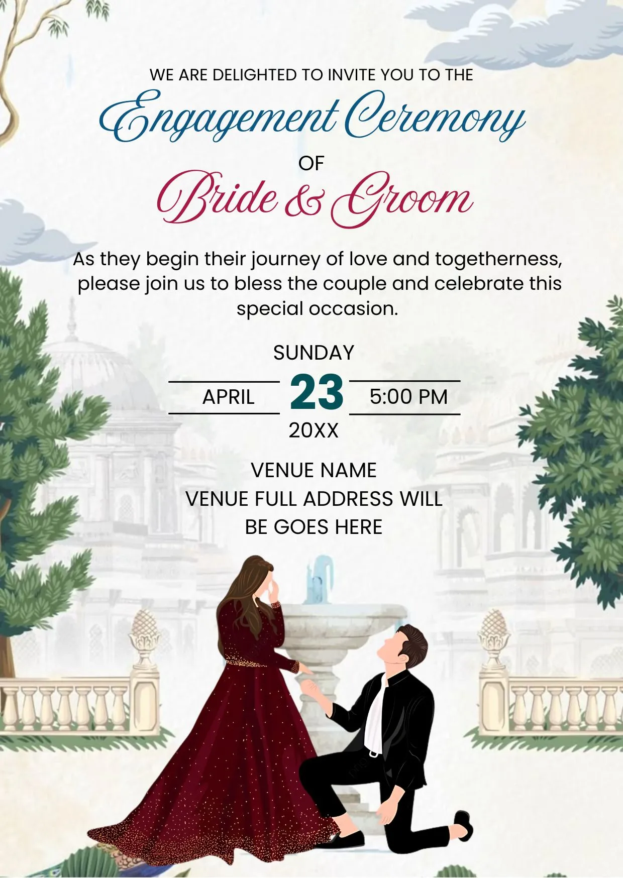 Engagement Ceremony Invitation Card | Illustrated Couple Palace Garden Theme | DBI 09
