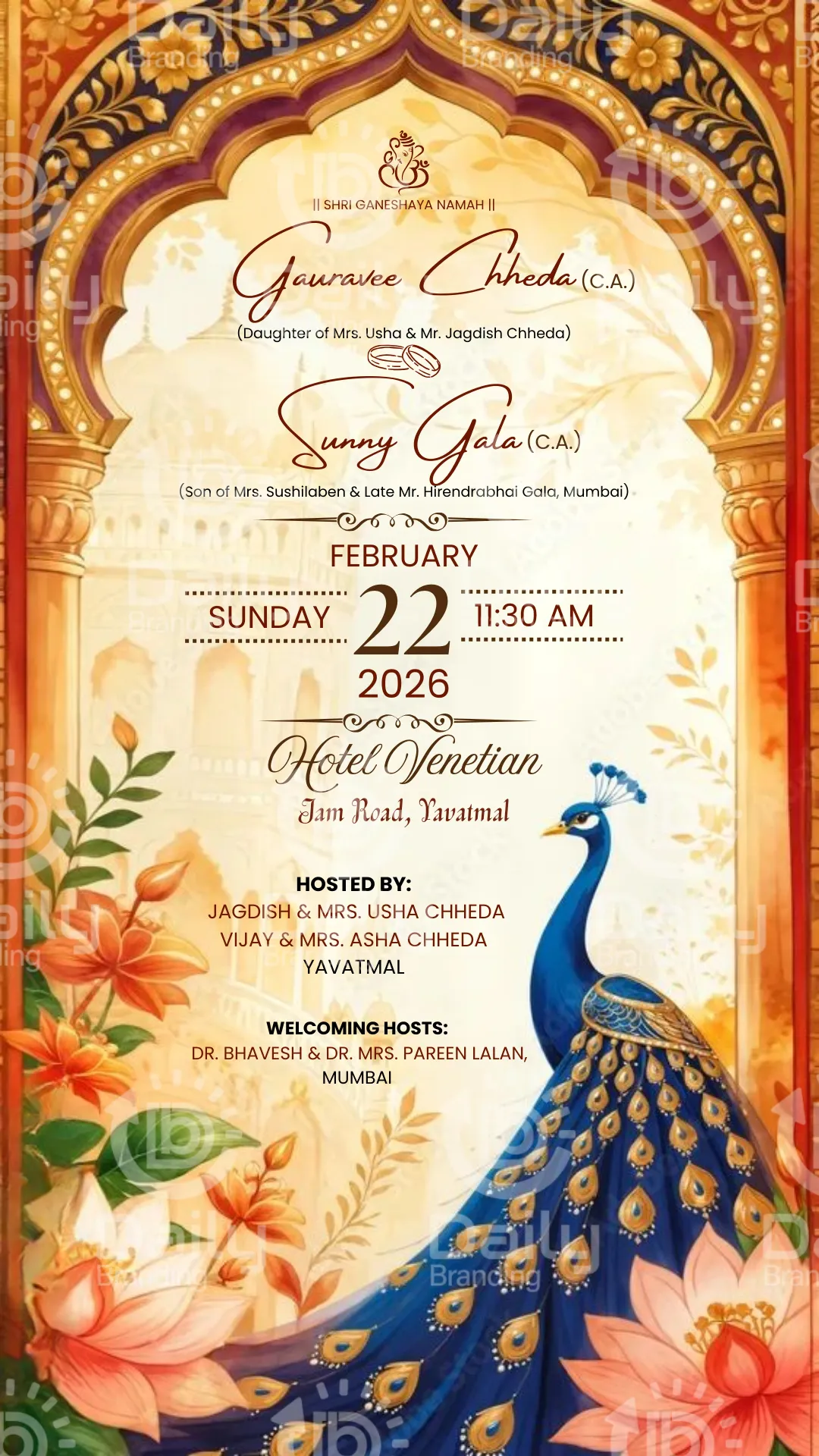 Indian Engagement Invitation | Rajasthani Mughal Arch Royal Peacock Lotus Ganesha Traditional Gold Theme | DBI-10